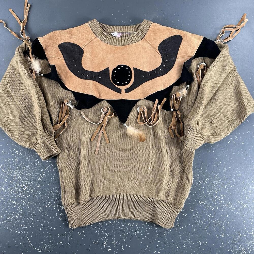 VTG Roper Western Sweater Women Large Brown Suede Leather Yokes Fringe Feathers